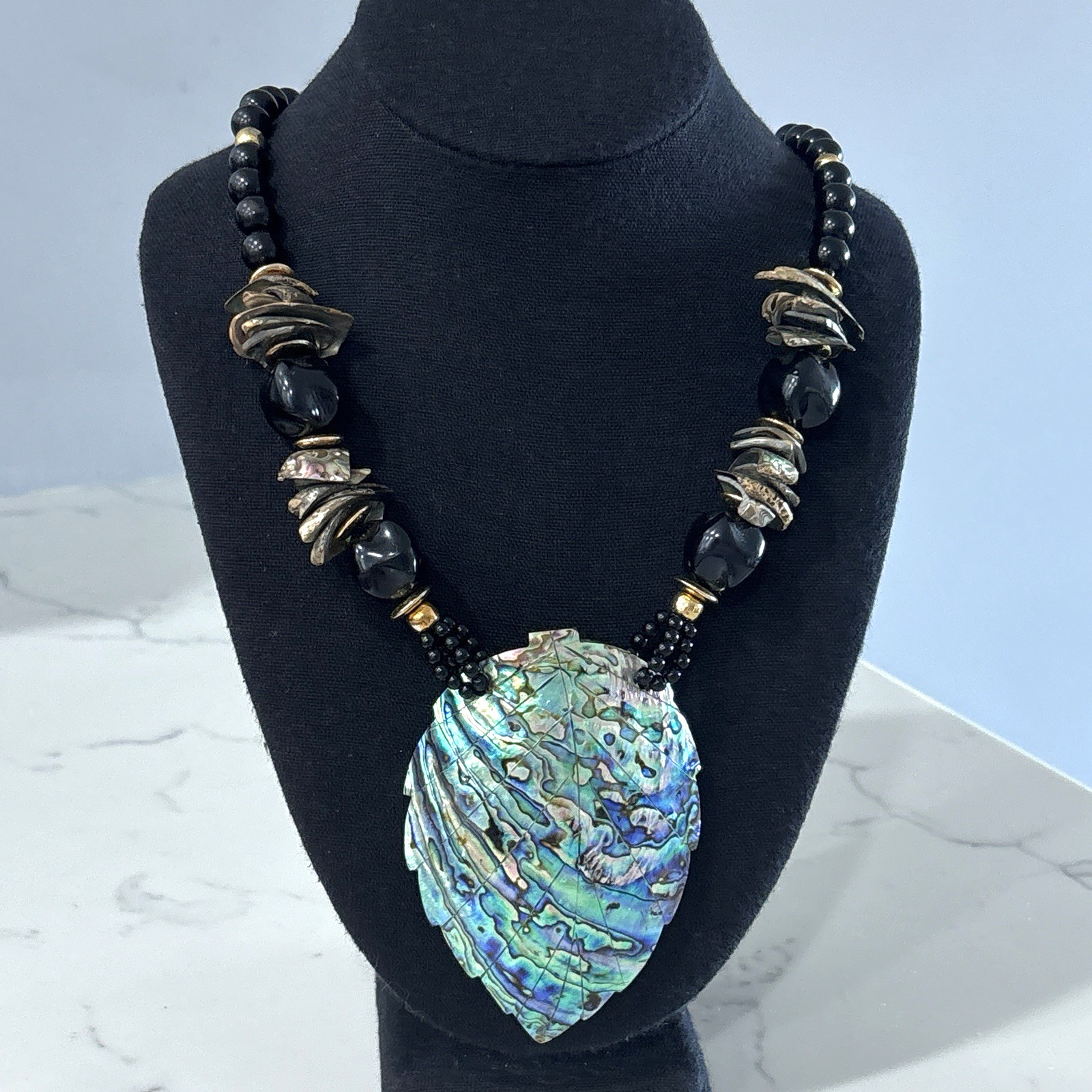 Vintage Beaded Statement Necklace Carved Abalone Shell Leaf Boho Black 80s 90s