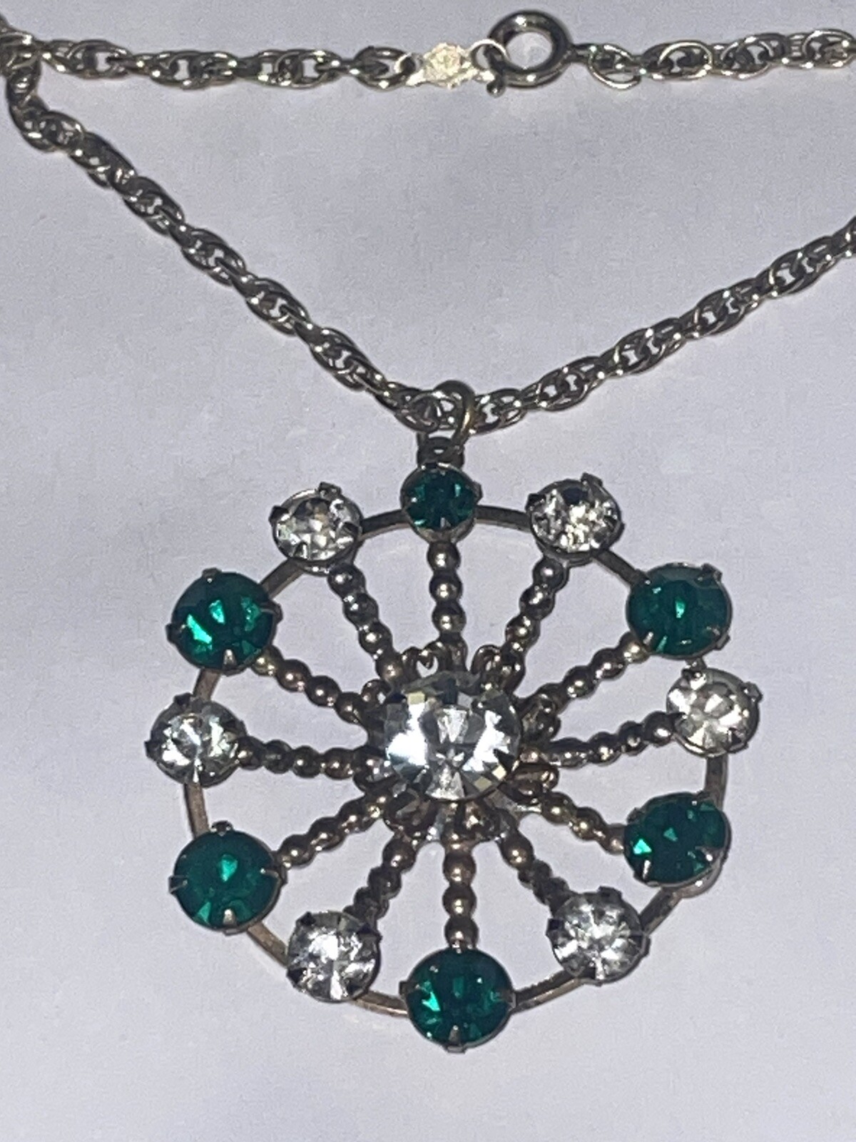 Vintage CA Co 12K Gold Filled 24″ w Green & Clear Stone Starburst Pendant🌺🌺