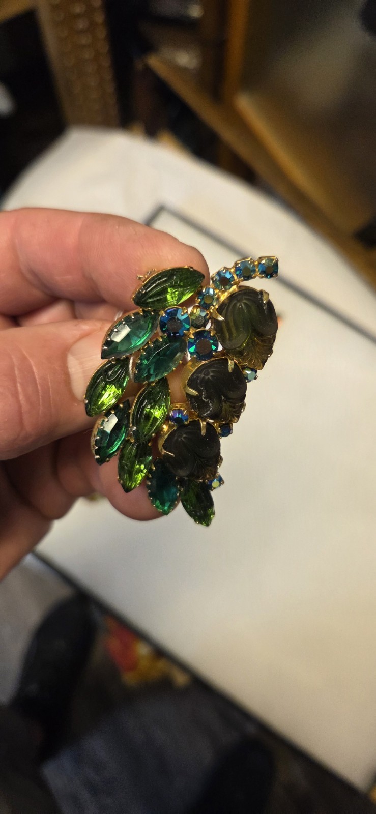 Juliana DeLizza & Elster brooch green and blue rhinestones Vintage