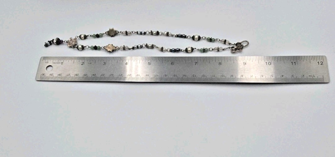 Vintage Artisan Sterling Pearl & Gemstone Drop Necklace Boho Floral .925