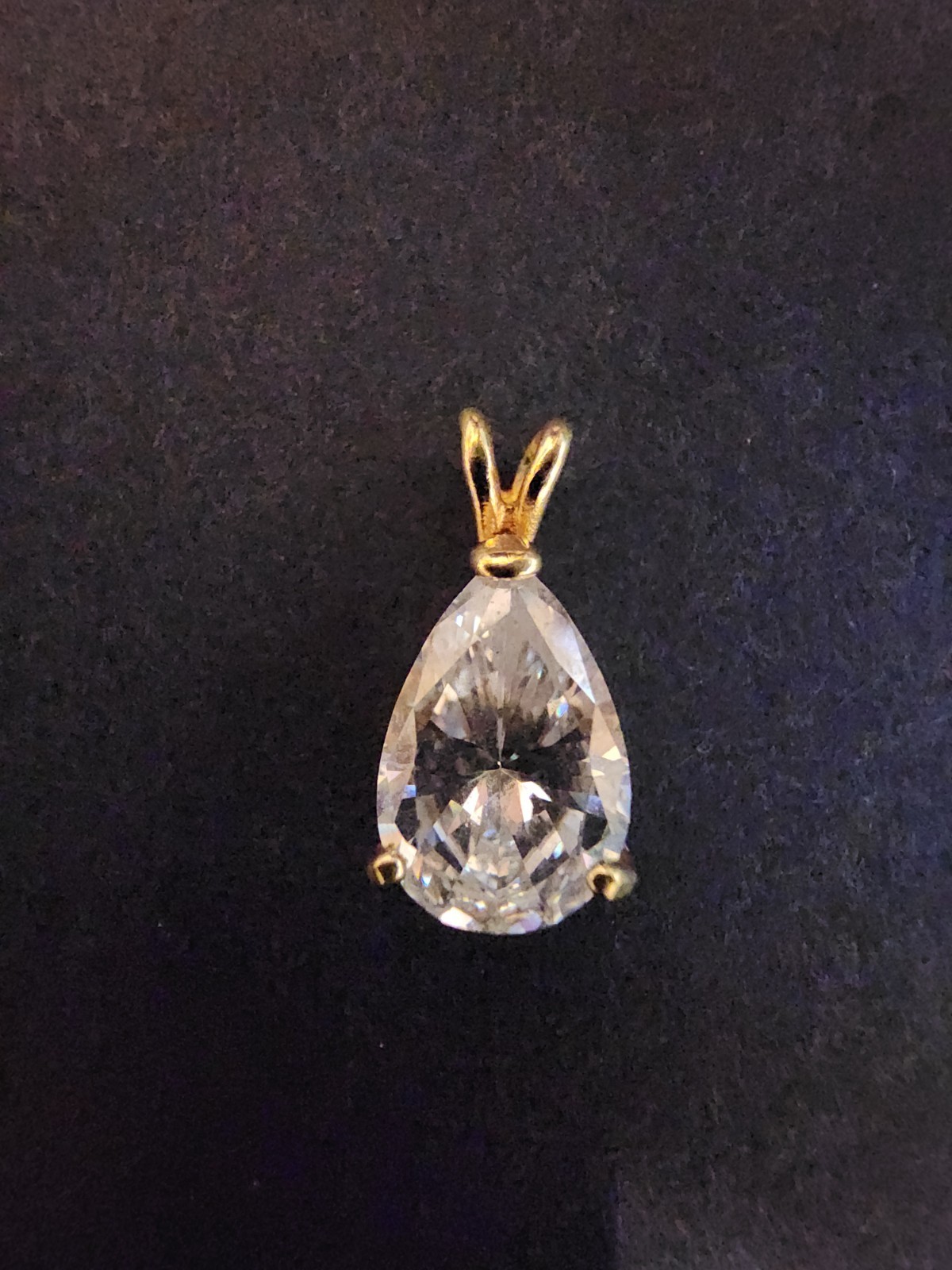 Vintage HGE Gold-Tone Pear-Cut CZ Clear Solitaire Pendant Rabbit-Ear Bail