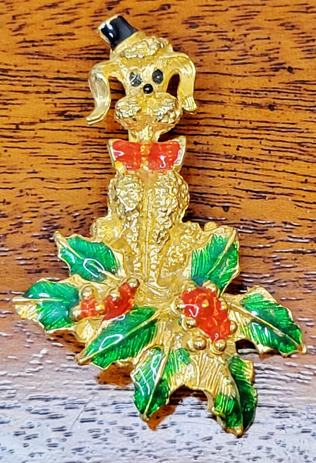 Vintage 1950’s Gold-Tone Christmas Poddle Brooch With Enamel Approximately 2″