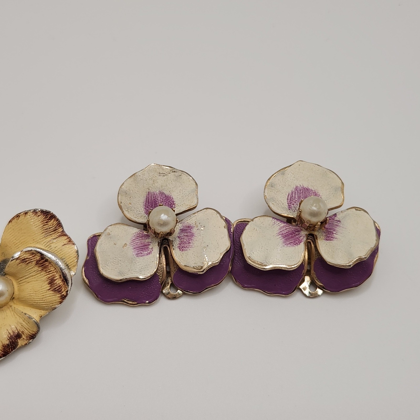 Vintage Enamel Flower Clip On Earrings 2 Pairs Pansy Blossoms Edwardian Style