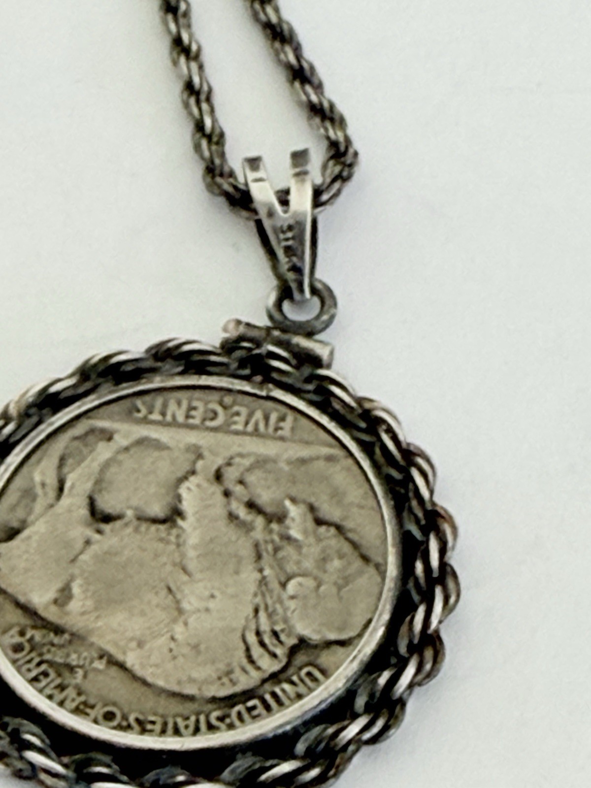 Vintage 1937 Buffalo Nickel Coin Pendant 925 Sterling Silver Chain 15-grams