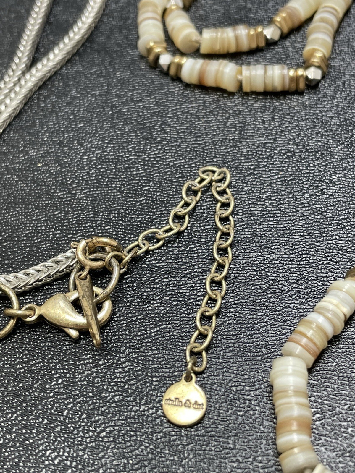 STELLA & DOT Signed 34” Heishi Shell Beaded Silver Tone Chain Necklace