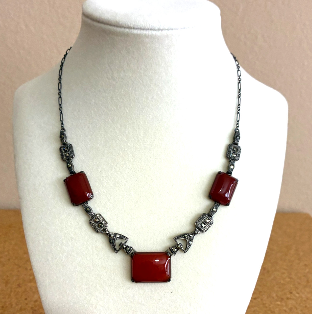Antique Art Deco Carnelian Glass Sterling Silver & Rhinestones Necklace 16″