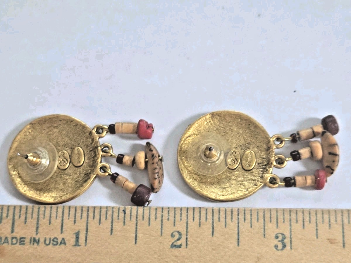 Vintage Disney Brass Lion King Tribal Symbol etched Round Beaded Earrings