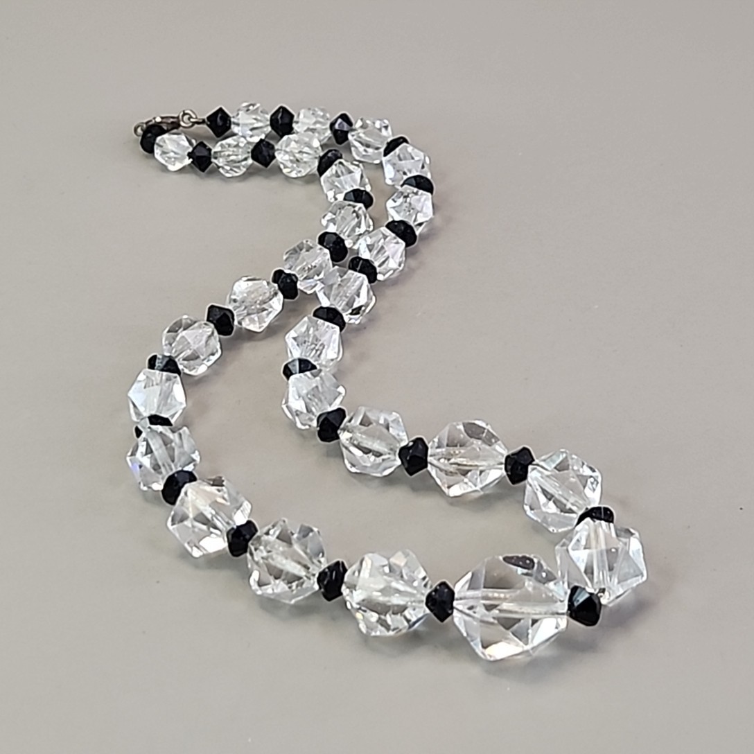 Vintage Glass Beaded Necklace Clear Round Black Bicone Accents 14.75″