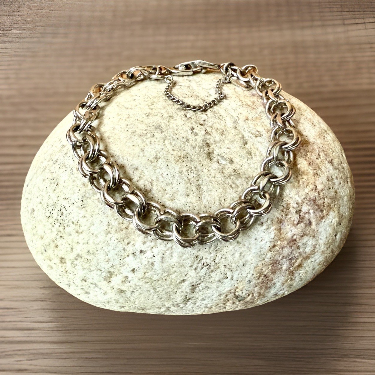 VTG MONET Starter Charm Bracelet Silver Tone Double Link 7 3/4 Inch Safety Chain