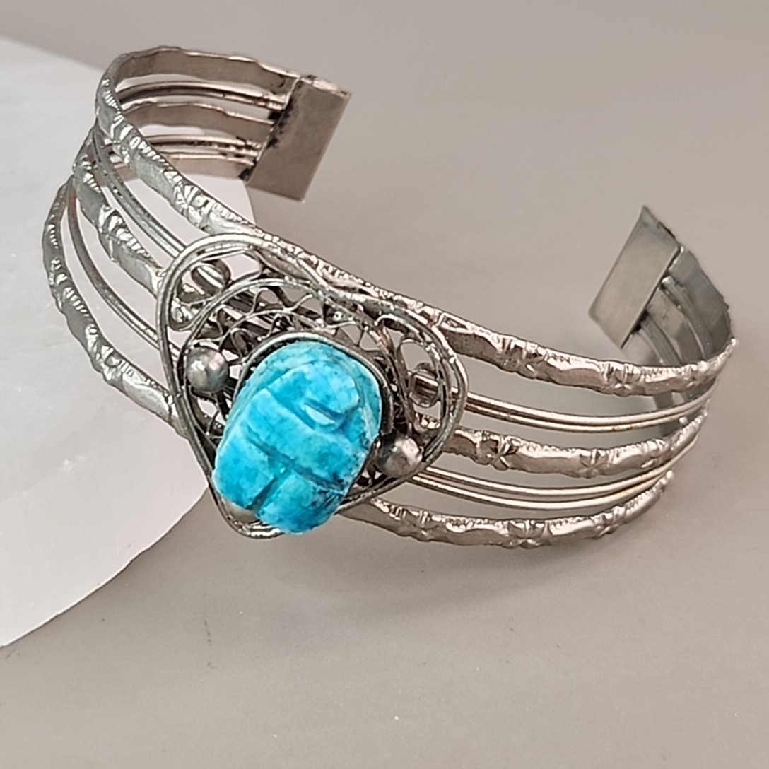 Scarab Cuff Bracelet Faience Blue Clay Wire Heart Silver Tone 7.75″