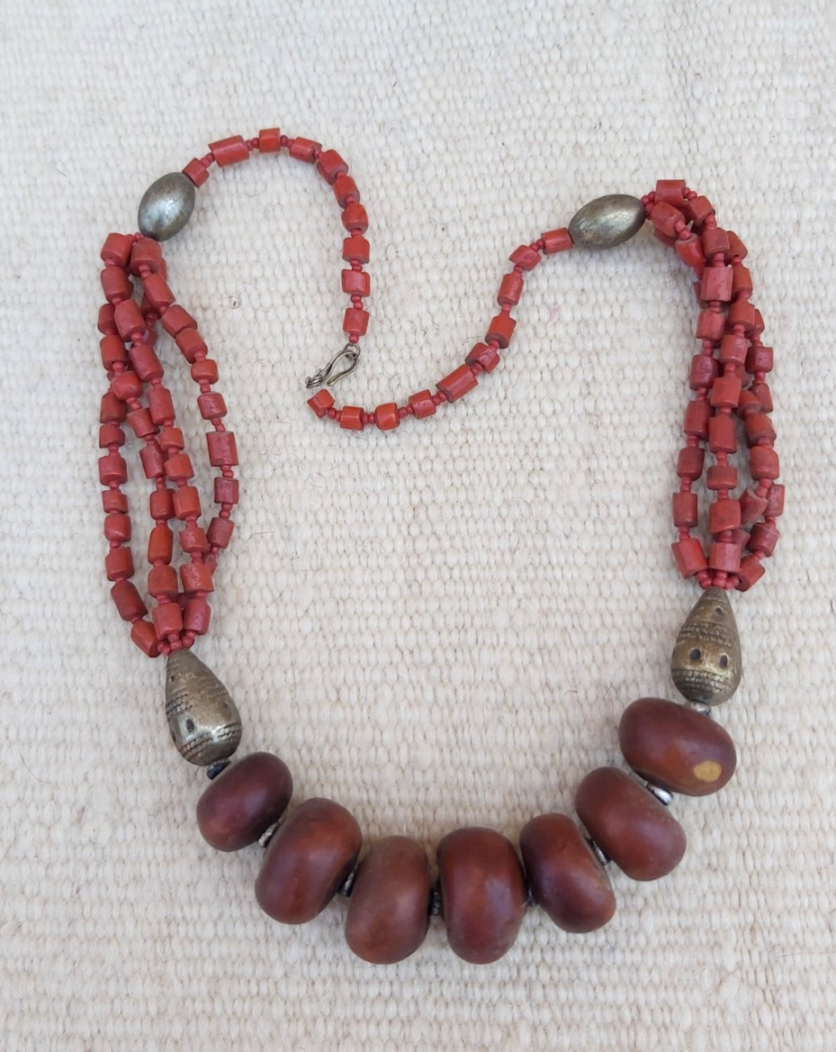 Vintage Tribal Coral Glass & Resin Copal Necklace Ethnic Metal Beads Boho Statem