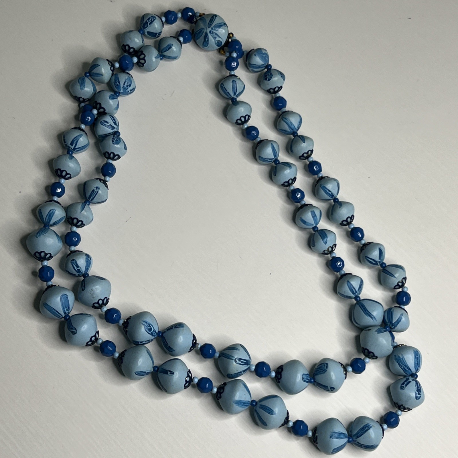 Hong Kong Blue Painted Bead Double Strand Necklace Box Tab Clasp