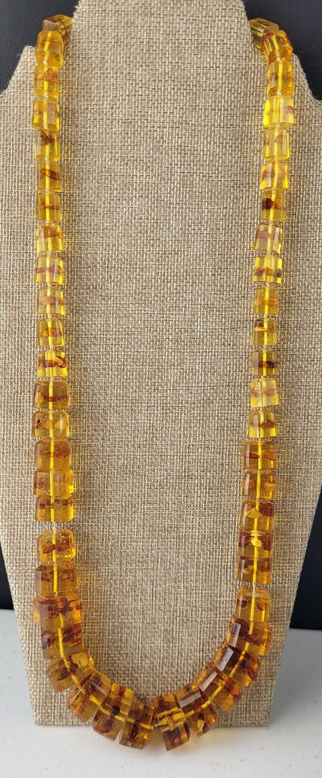 Vintage Faux Amber Golden Honey Chunky Cube Graduated Bead Necklace 28″ READ