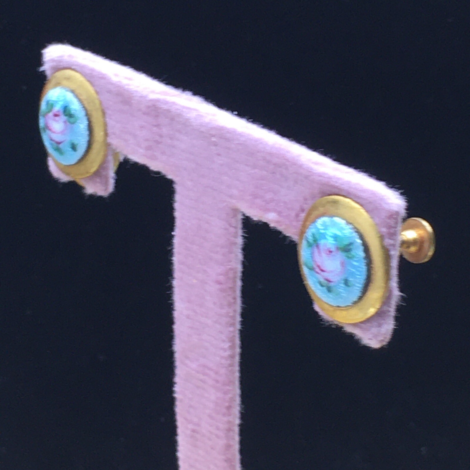 Guilloche Floral Earrings Gold Tone Teal Blue Pink Rose Painted Screw Back .5″