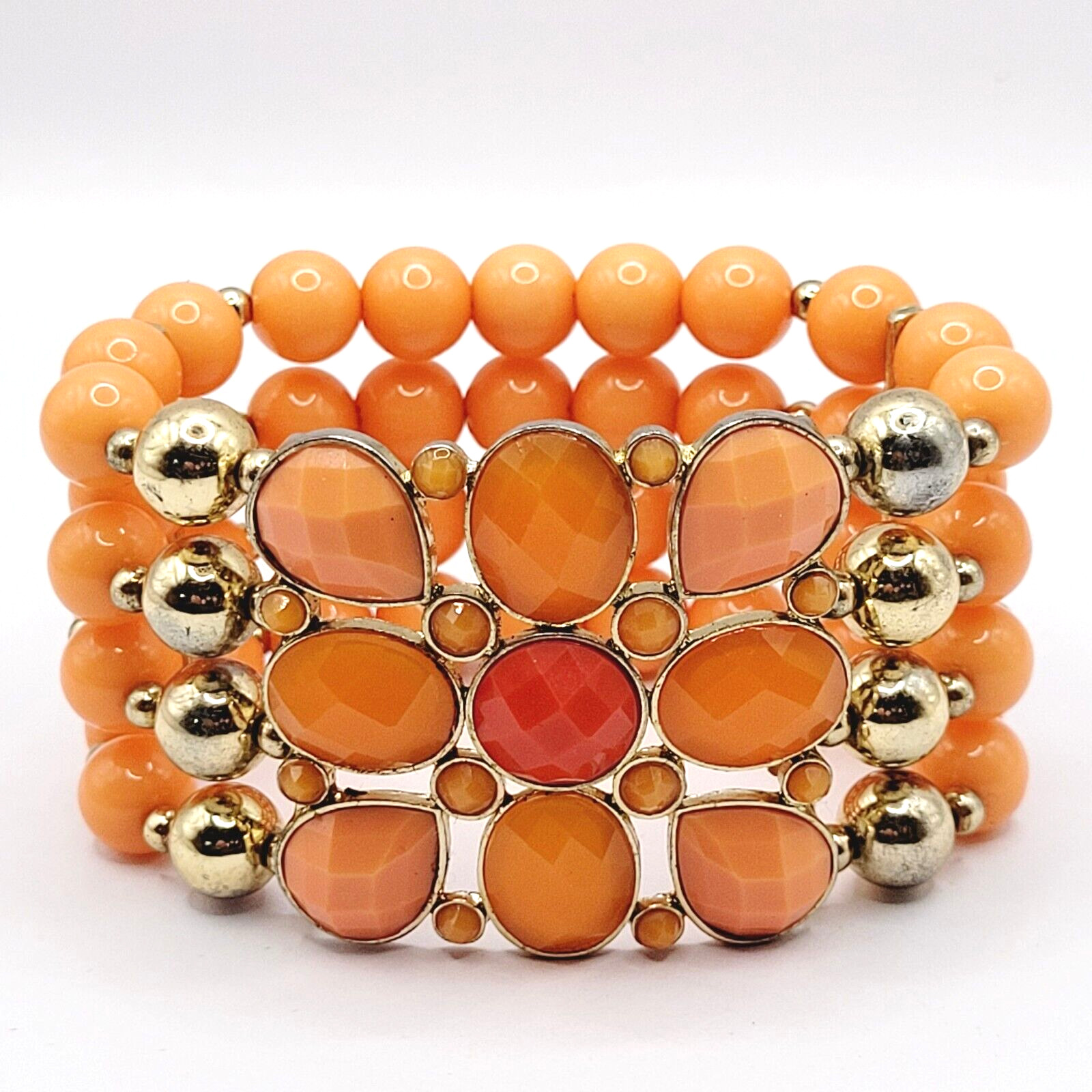 Orange Sherbet Melon Shade Wide Chunky Stretch Beaded Bangle Vintage Bracelet