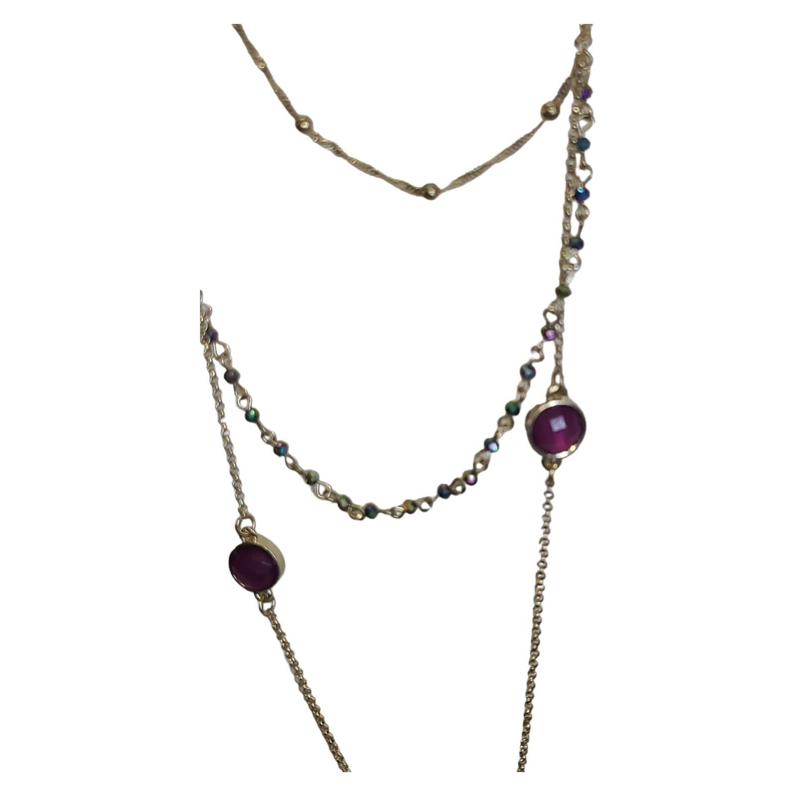 Gold Tone 3 Strand Aurora Borealis Crystal & Pink Acrylic Station Necklace 32″