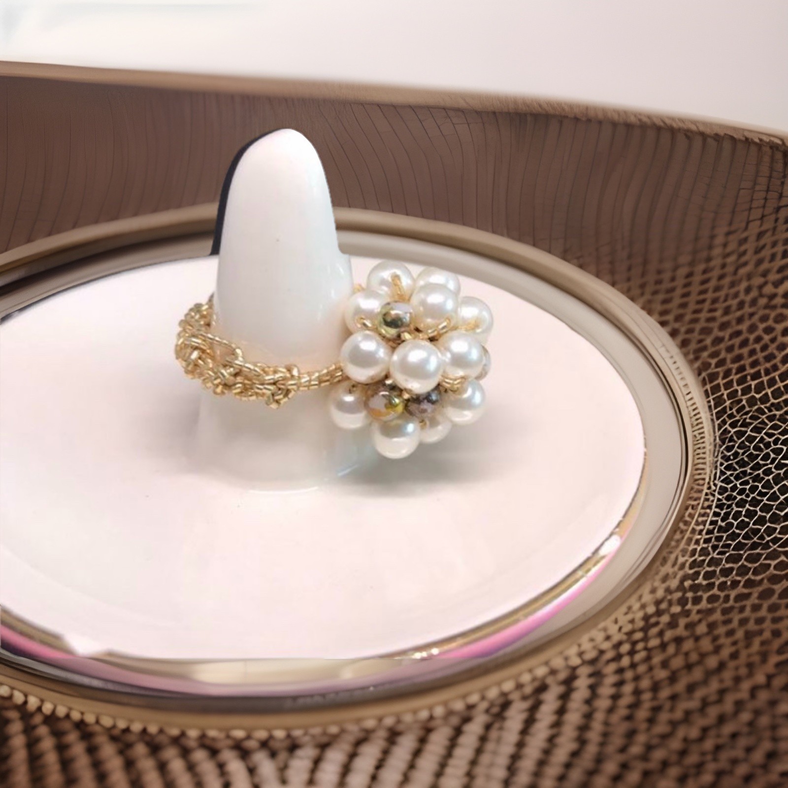 Vintage Faux Seed Pearl Cluster Ring On Metallic Stretch Band