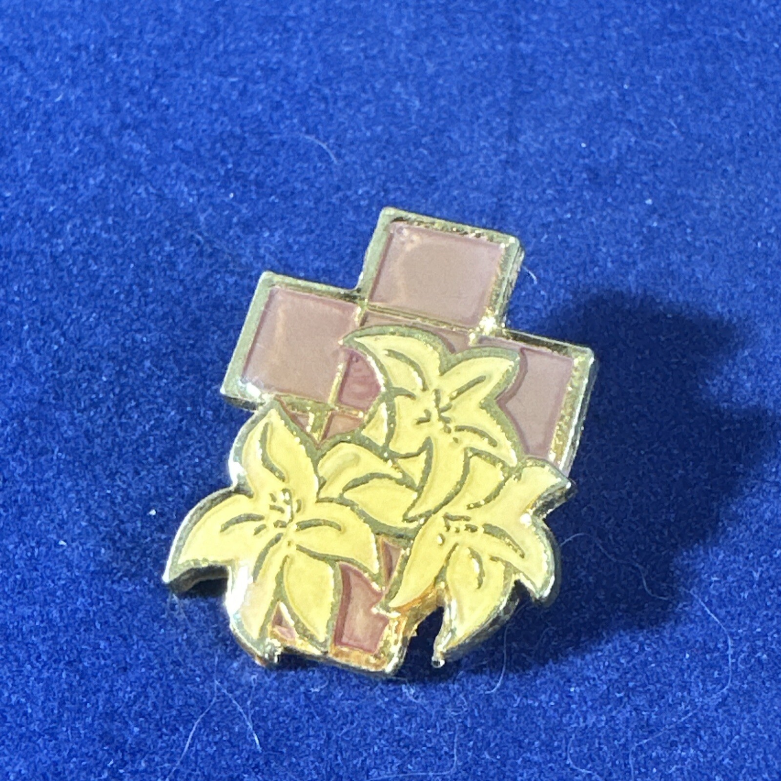 Pin Brooch Metal Pink Cross With Yellow Lilies And A Safety Clasp Very Nice!
