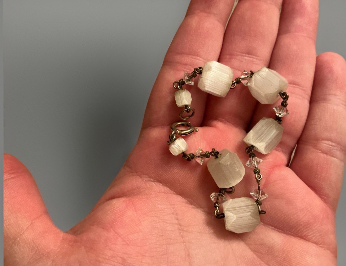 Vintage Czech Satin Glass Faceted Crystal Bracelet 7.5” Long