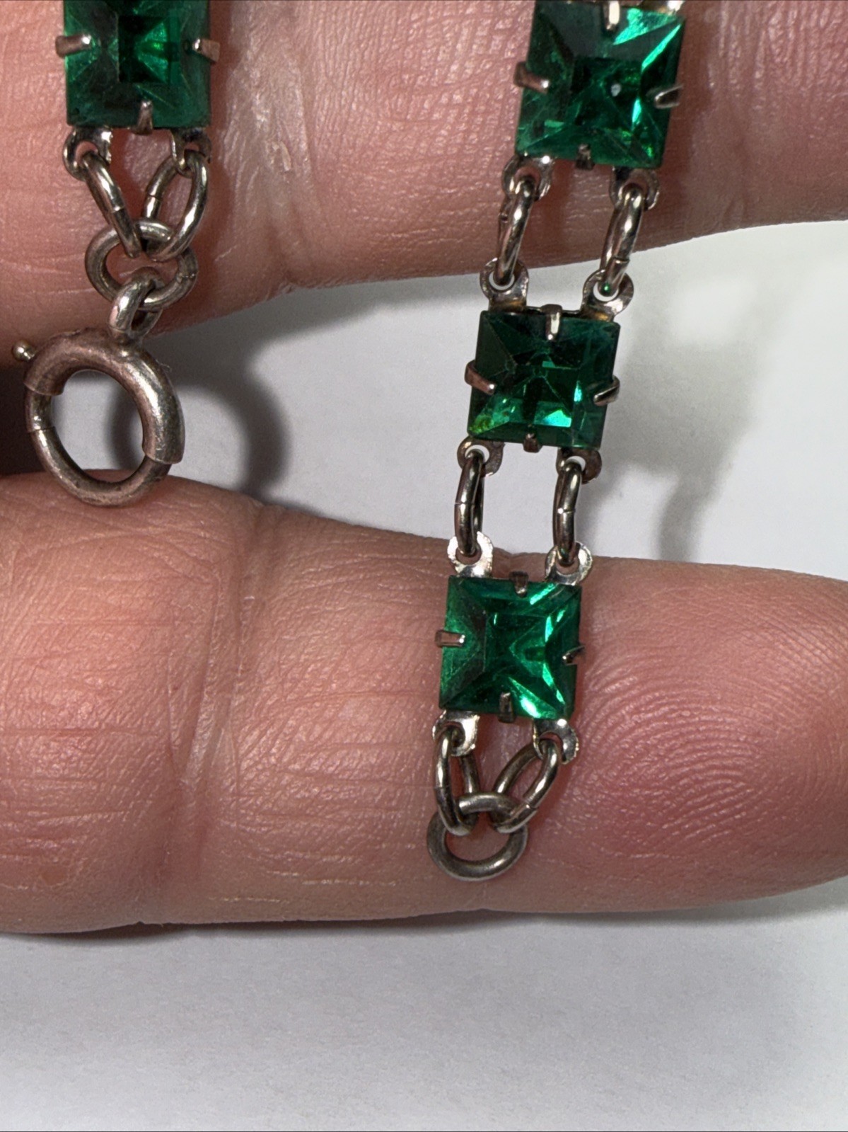 Bracelet Art Deco Paste Gwen Emerald Glass Sterling Silver Square Stone Antique