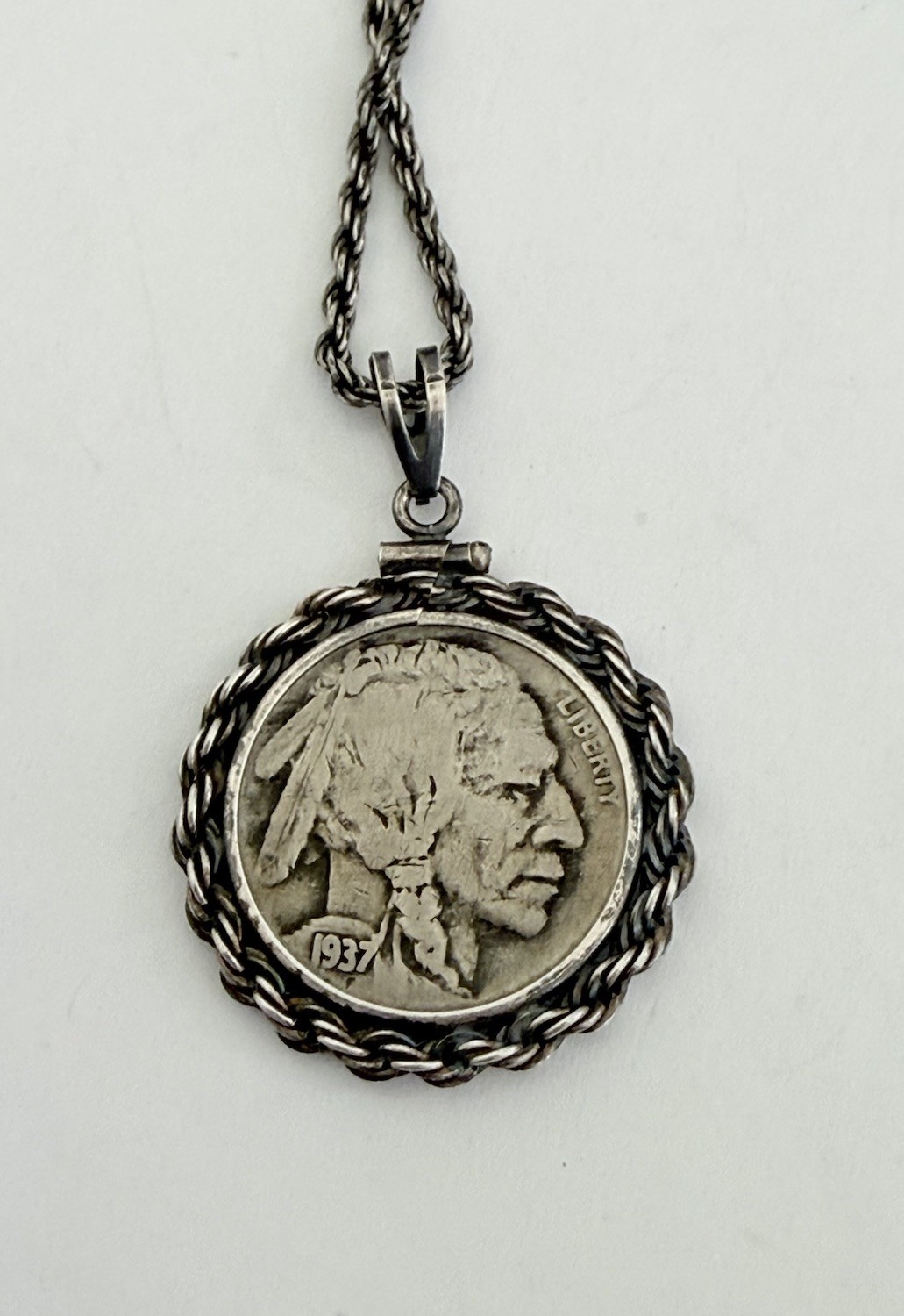Vintage 1937 Buffalo Nickel Coin Pendant 925 Sterling Silver Chain 15-grams