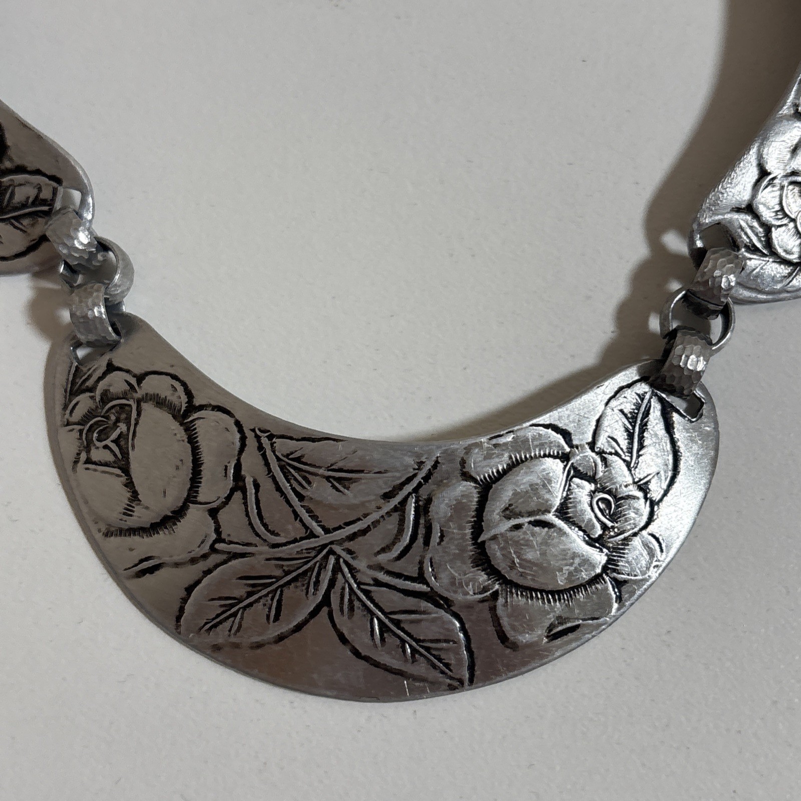 Vintage Hammered Aluminum Choker Necklace Roses Rose Flowers