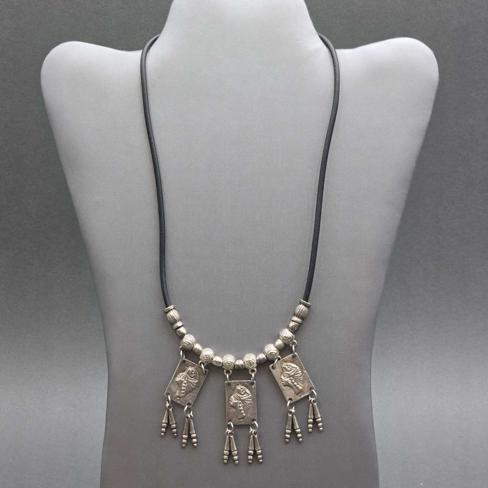 Vintage Tribal Panel Fringe Necklace Silver Tone Leather Cord Boho Statement