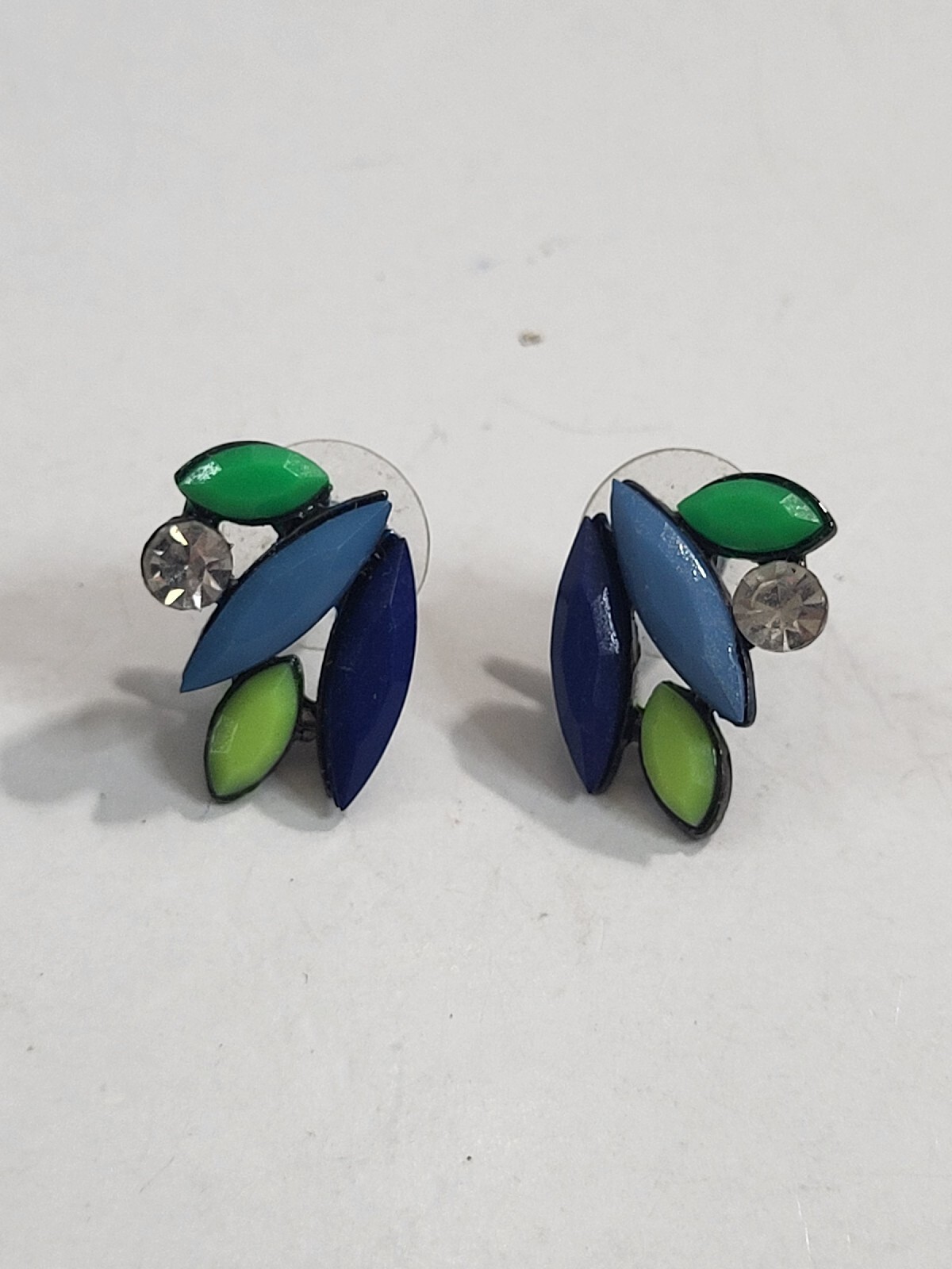 Vintage Peacock Feather Wing Blue Green Enamel Rhinestone Pierced Earrings