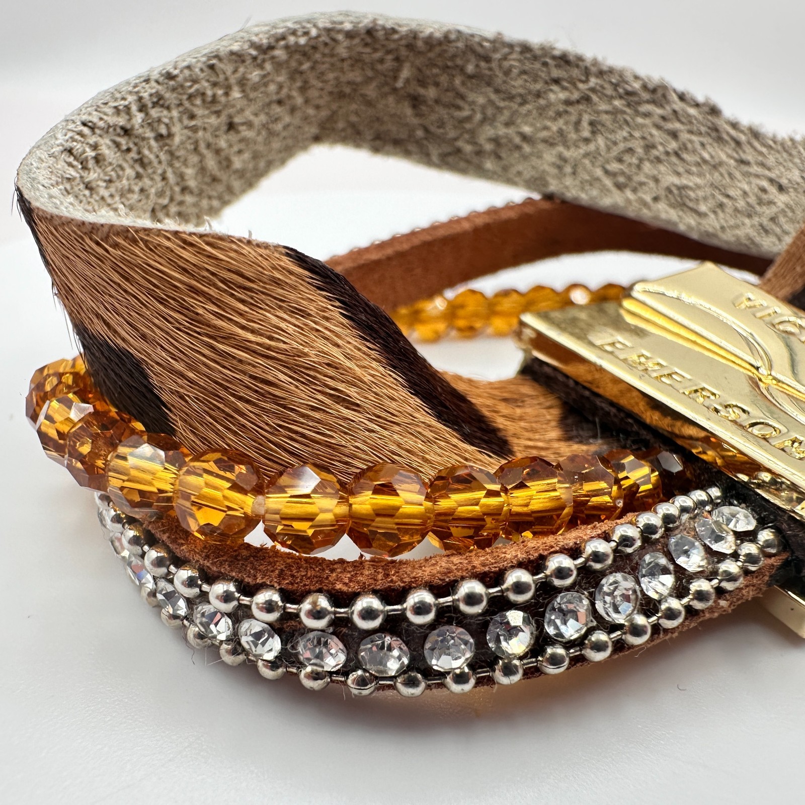 Victoria Emerson Gold Tone Multi Strand Wrap Bracelet Leopard Hair Calf Crystal