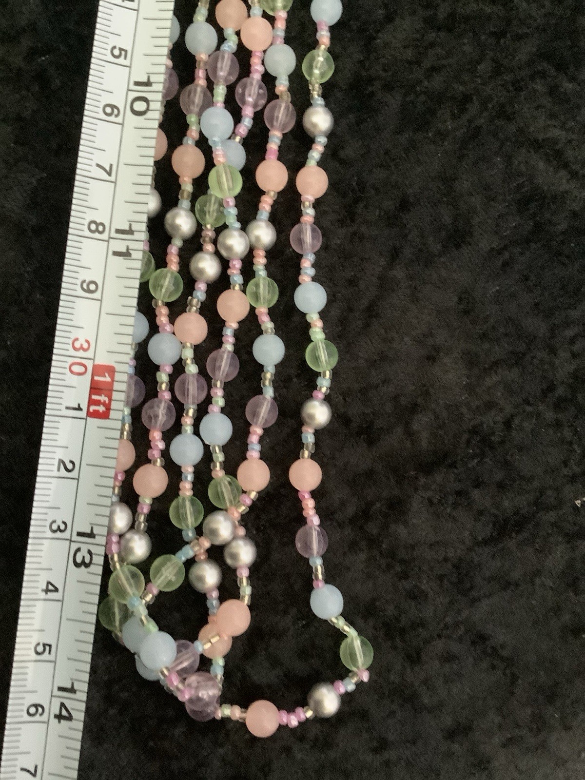 3 Strand Beaded Necklace Light Blue,Pink,Green,Purple And Silver Beads