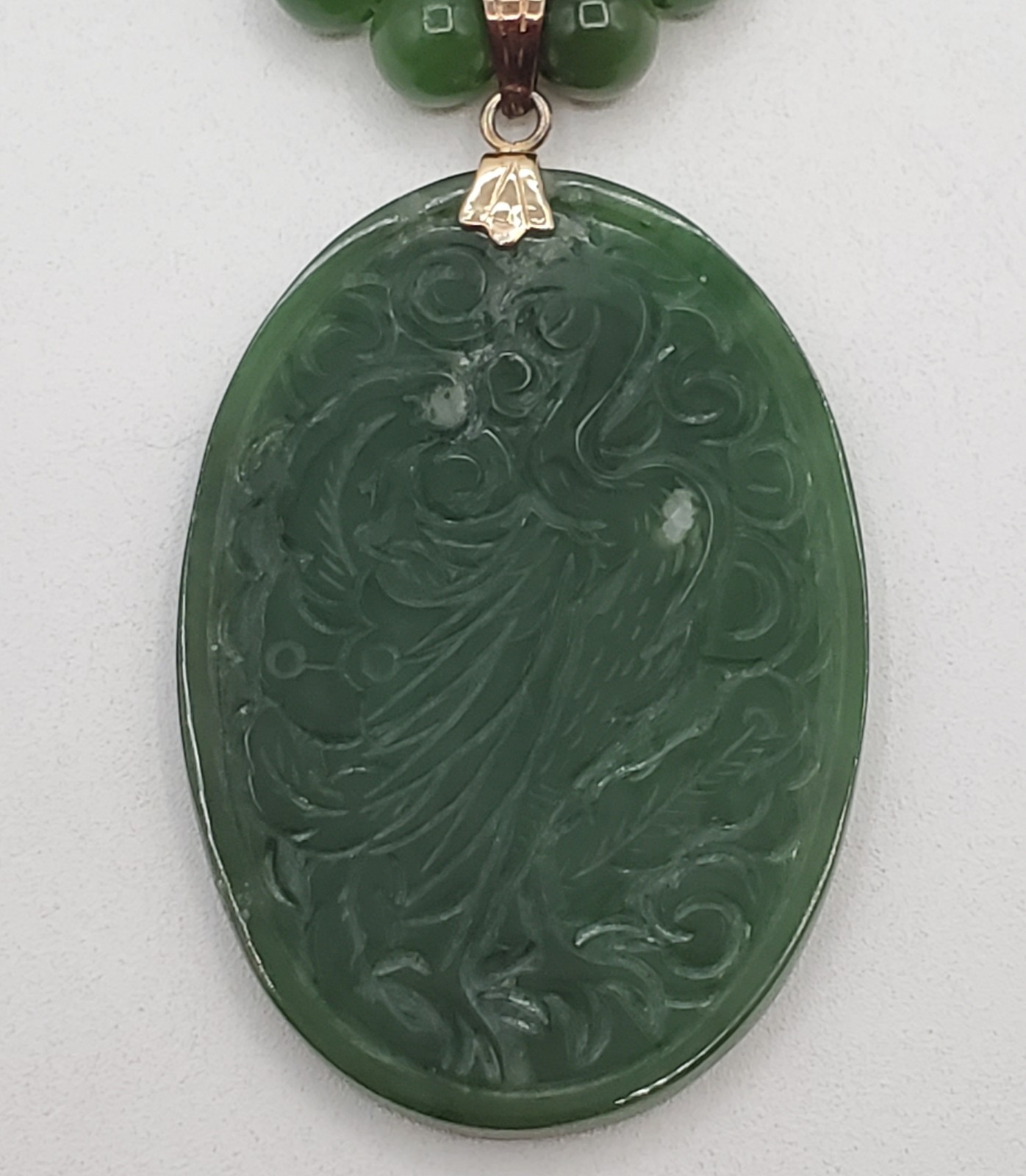 VTG 925 Spinach Jade Crane Dragon Pendant 24in Bead Necklace Carved Reversible