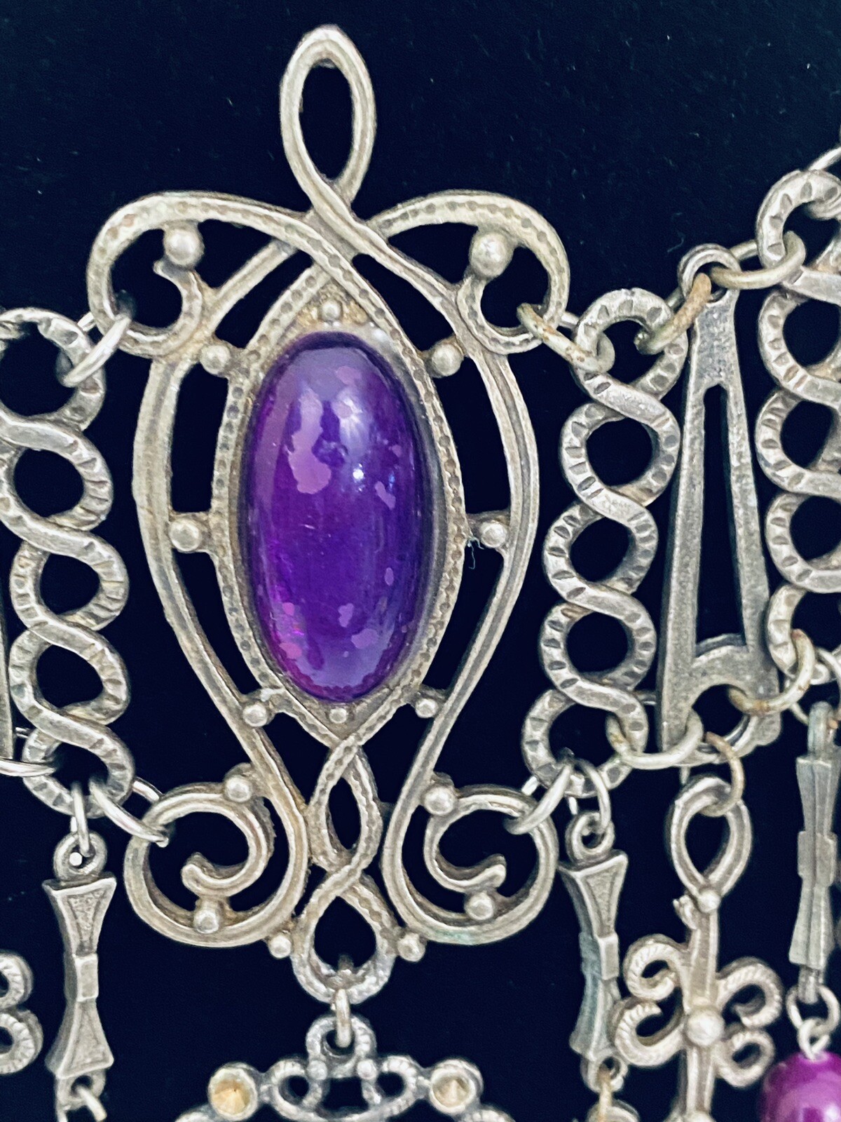 Vintage French DLH DEPOSE Necklace Bib Statement Pewter Purple 14.5″ Costume