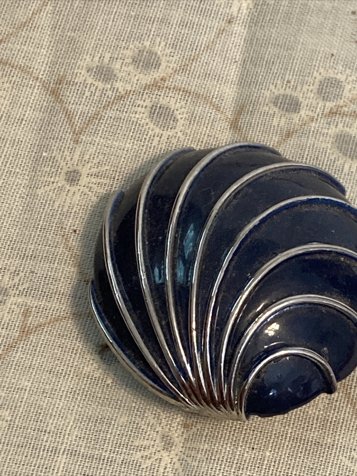Enameled OLD vintage Navy Blue & Silver tone Dome pin brooch jewelry 1.53″