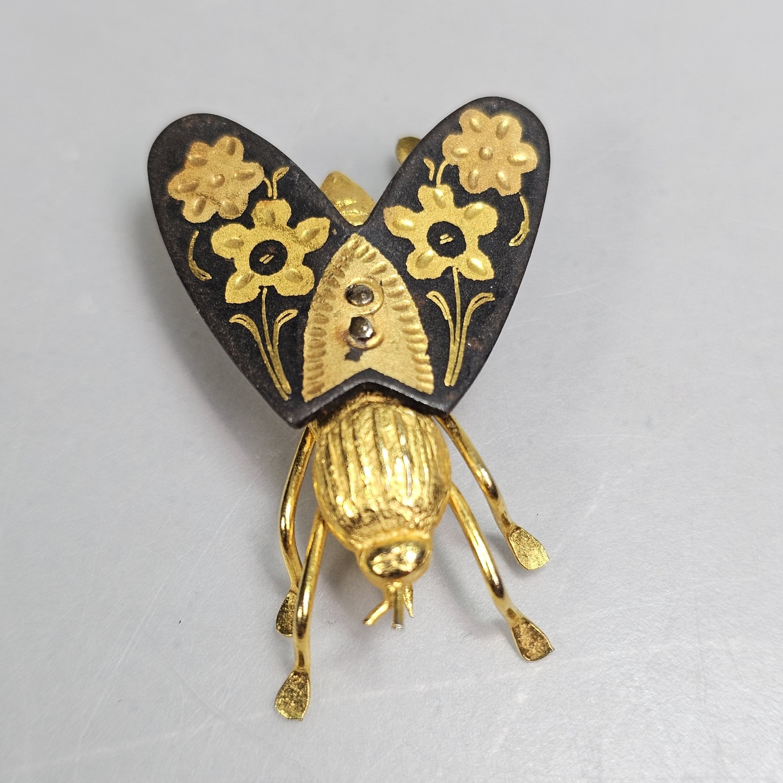 Vintage Damascene Fly Brooch Insect Bug Toledo Spain Gold Leaf