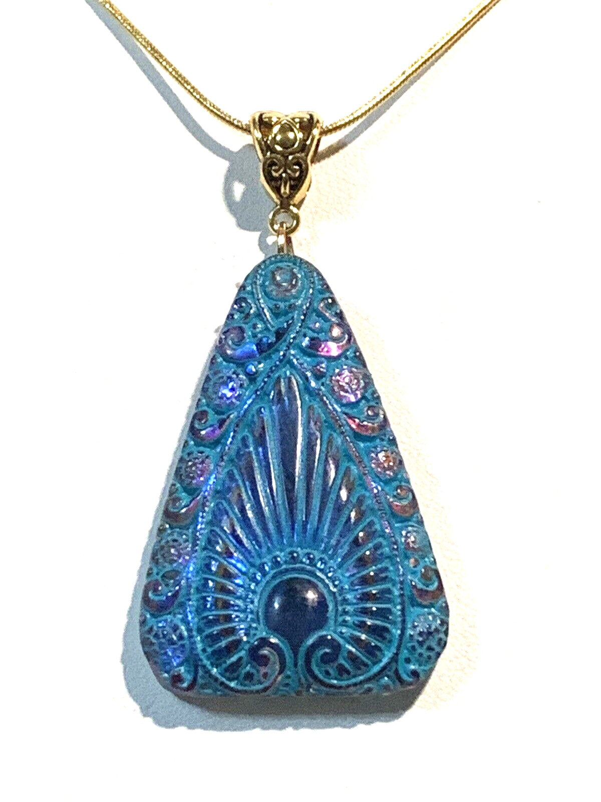 LAST ONES* VTG.EGYPT REVIVAL IRIDESCENT BLUE/VIOLET CZECH GLASS NECKLACE.g.verdi