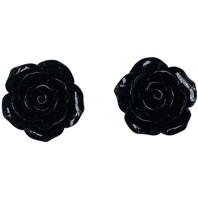 Black Rose Earrings Flower Button Stud 1″ Pierced Lucite Gothic Punk Indie