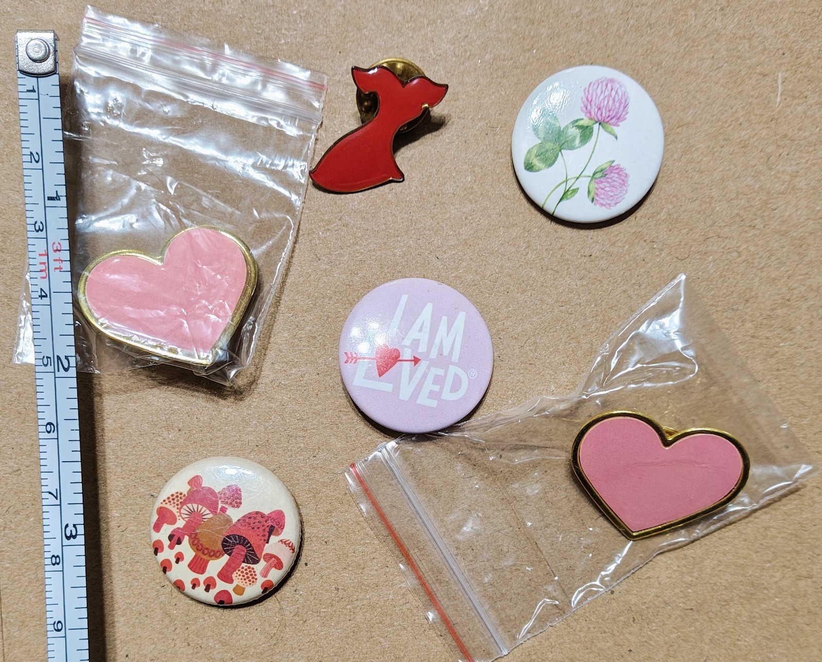 Miniature Pin And Button Lot Of 6 Little Red Dress Hearts Mushrooms Flowers Love