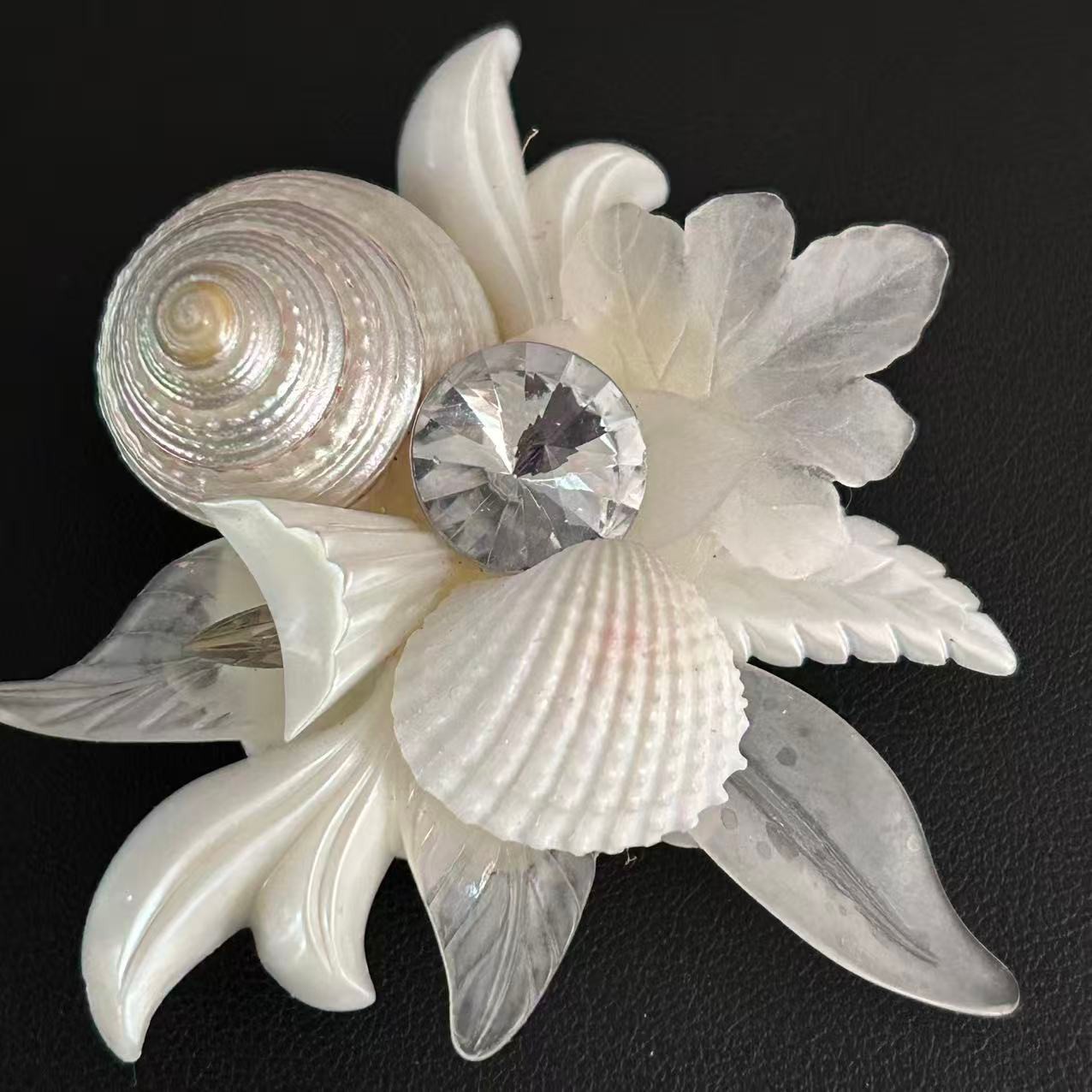 Vintage Sea Shell Acrylic Brooch Large Statement Tropical Beach Rhinestone Pin