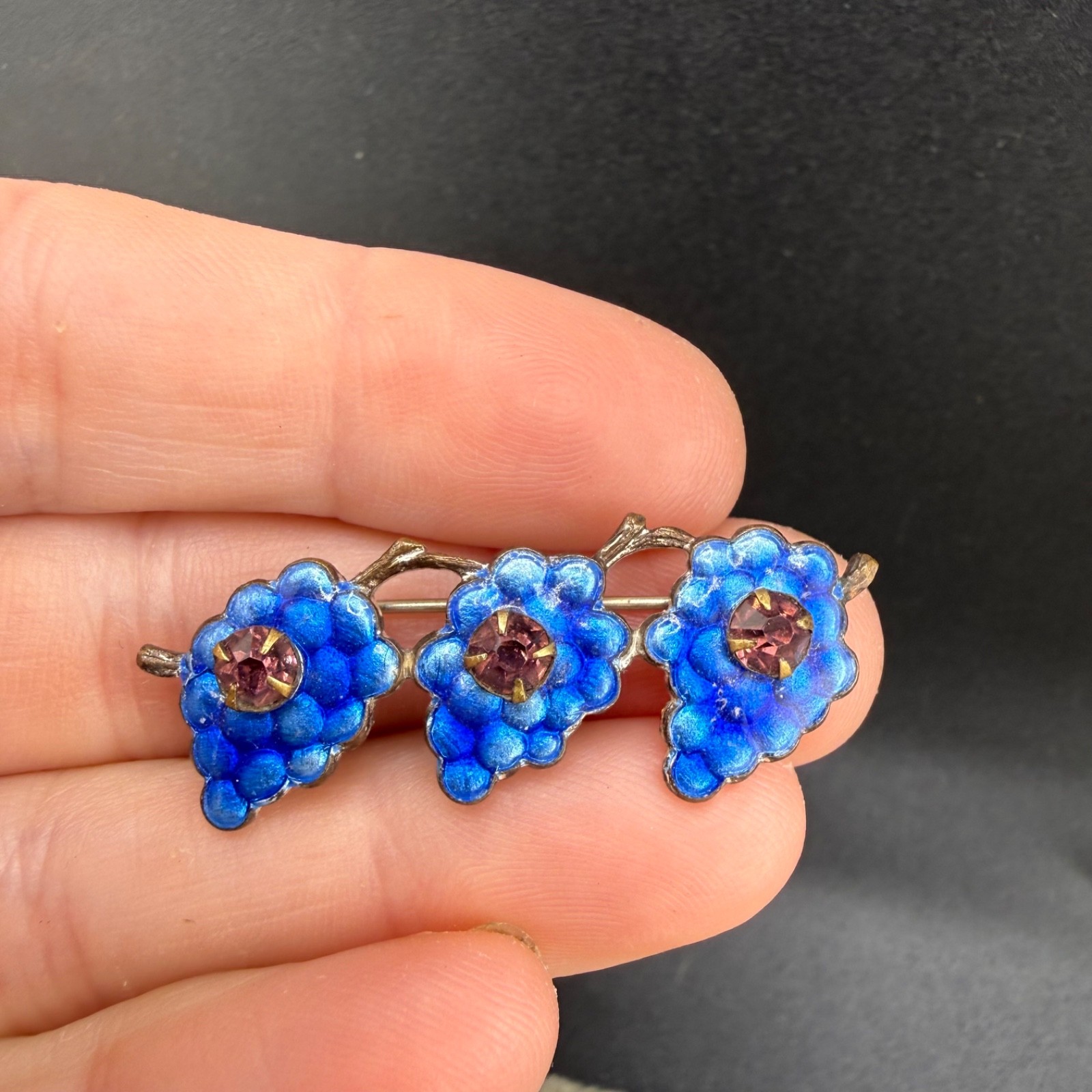 Vintage Enamel Rhinestone Brooch Silver Tone Grapes