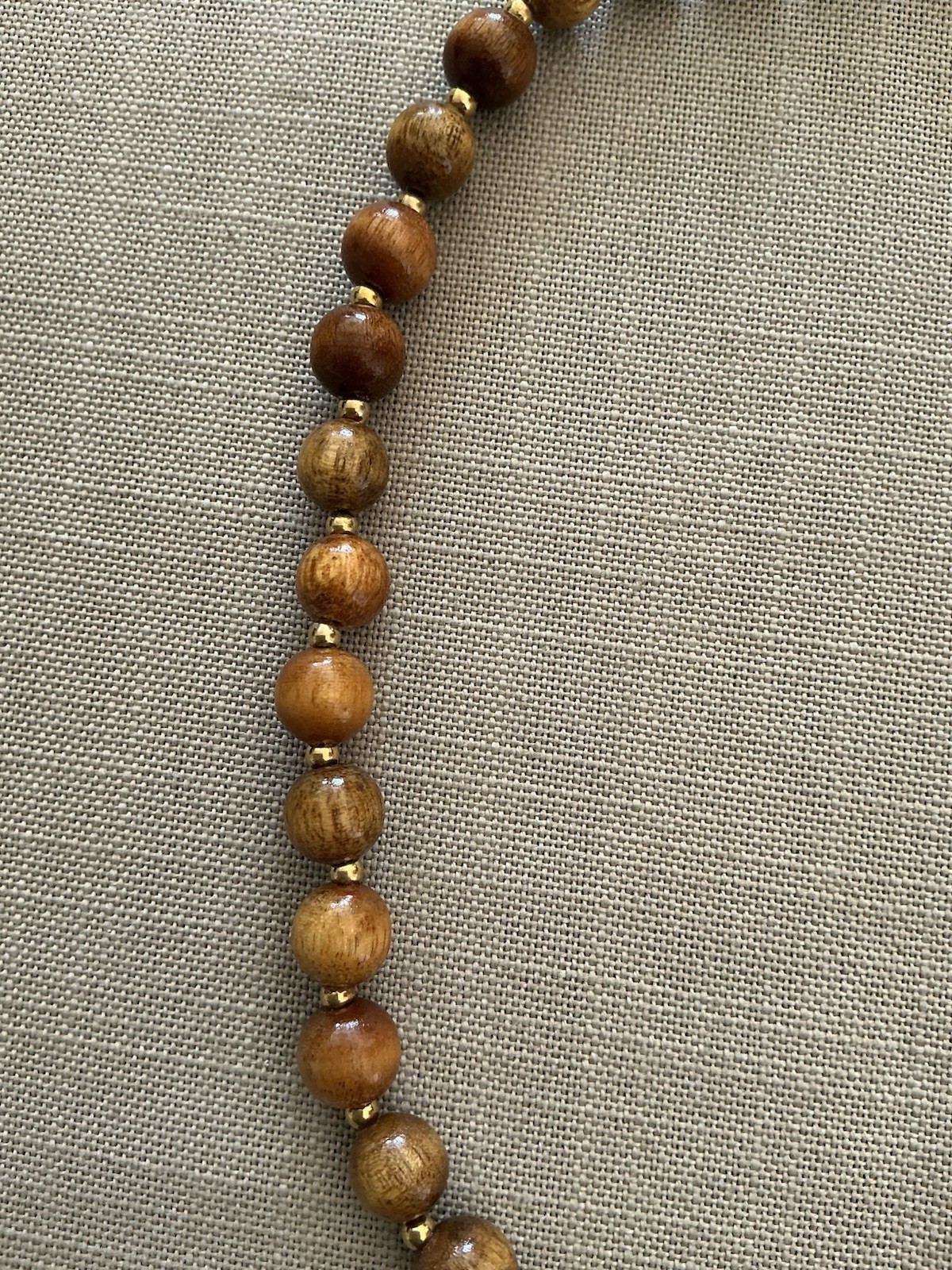 Vintage Wood And Gold Tone Beaded Necklace Fish Hook Clasp 23”