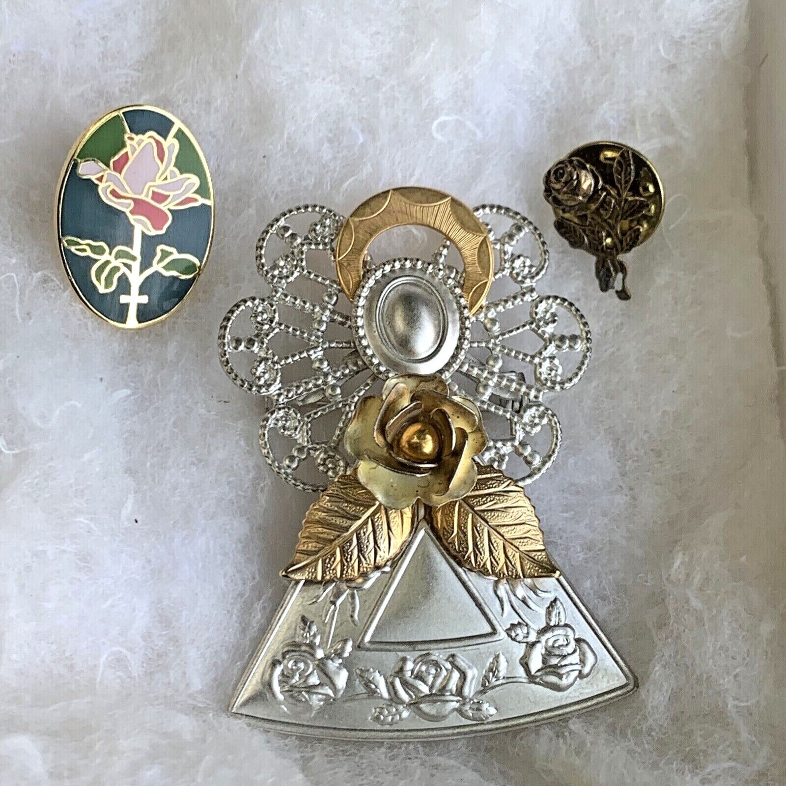 UNIQUE Aluminum Metal & Gold ANGEL & ROSE Valley Castings Cloisonne SET 3❤️sj3j5