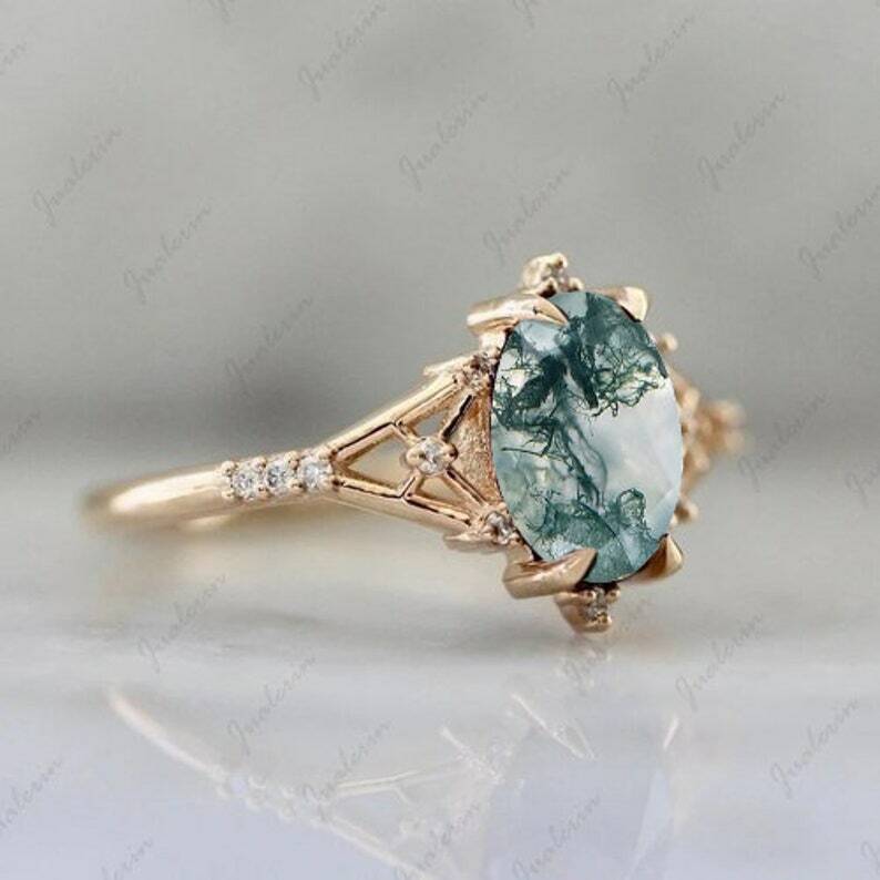 2pc Moss Agate Engagement Ring 14K Gold Plated Sterling Silver Ring Gift For Her