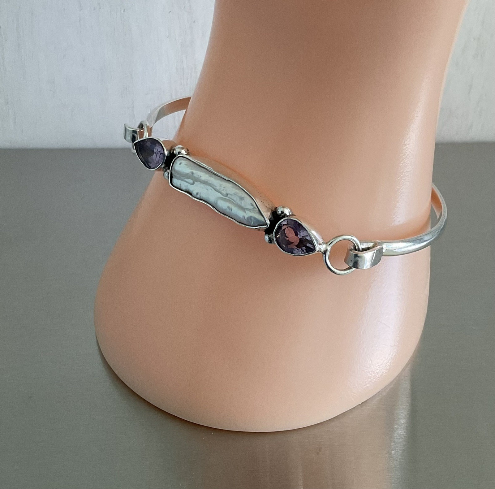 Vintage Baroque Keshi Pearl and Amethyst Tension Hook Bangle Bracelet 7″