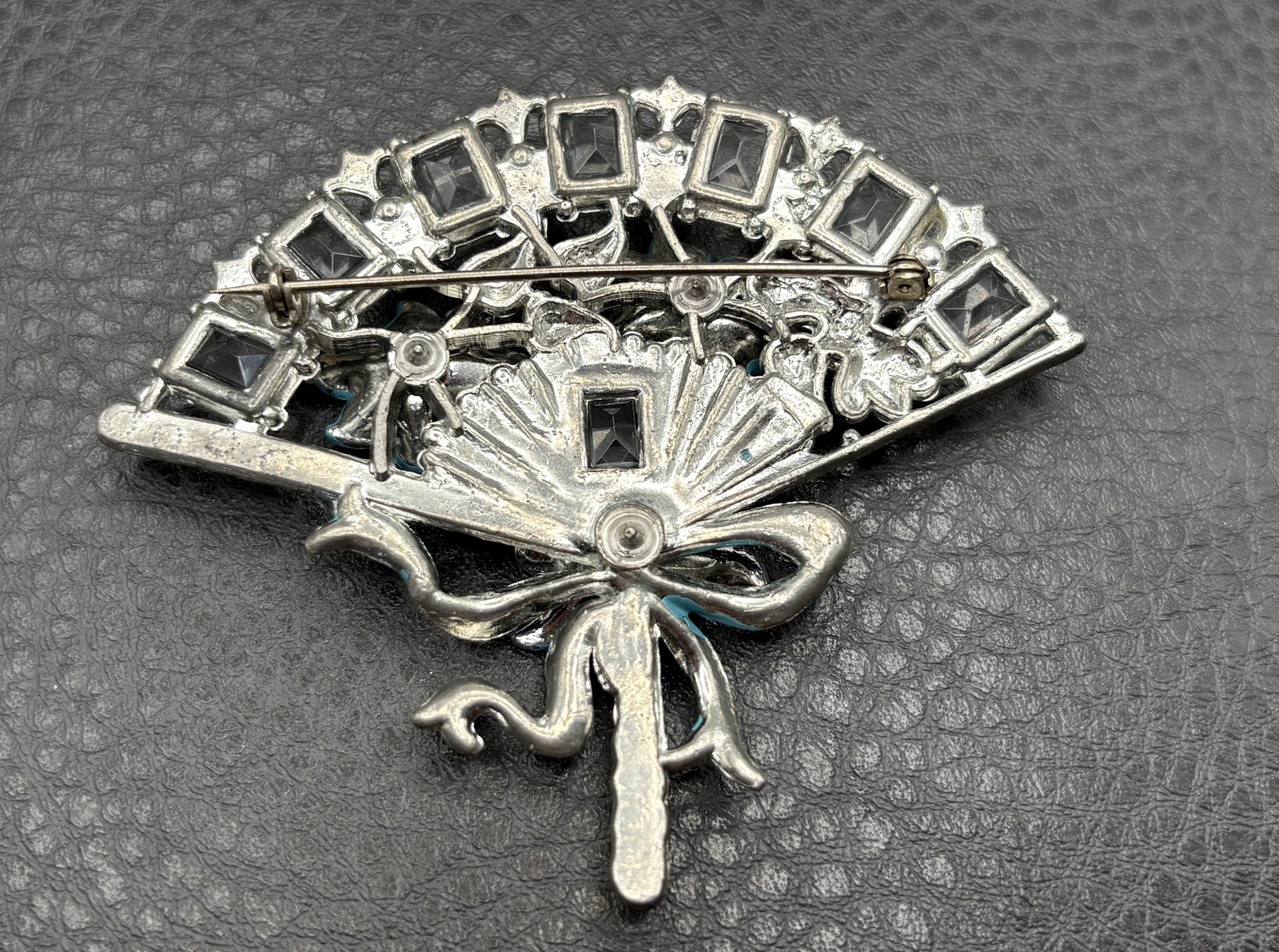 Vintage HUGE Deco Pot Metal Blue Enamel Flower Fan Ribbon Brooch Pin