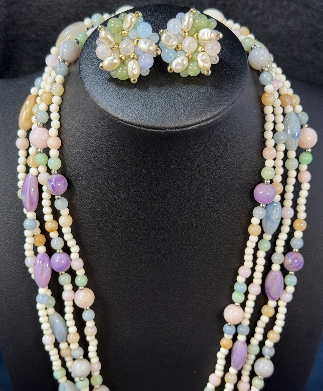 Vintage Multi Strand Glass Beaded Necklace Earrings Set 3 PC Lavender Pastels