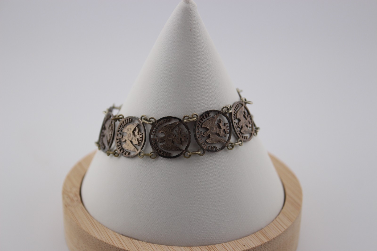 Antique 1880s silver Mexican Republic cut out coin panel bracelet 7.25″