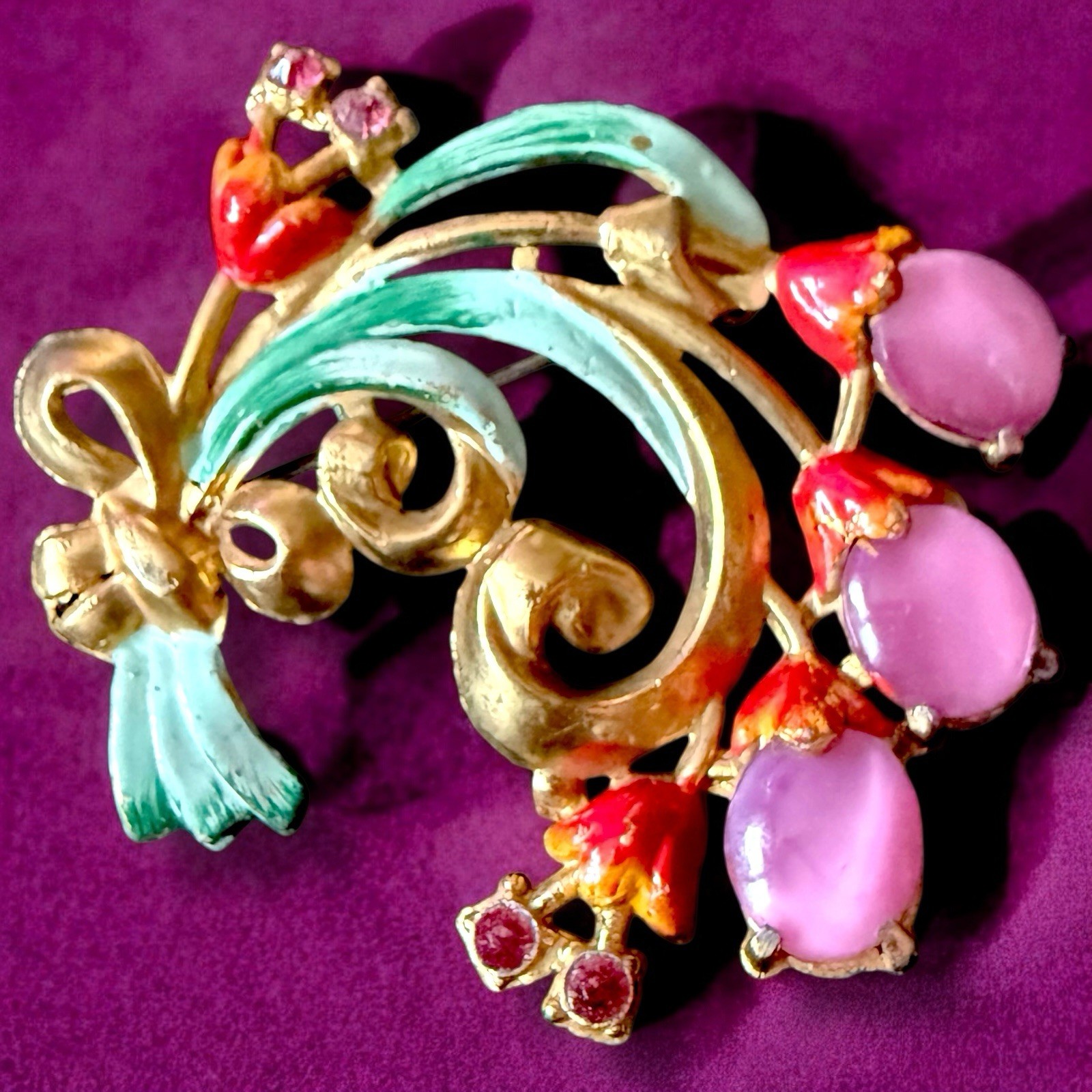 Pot Metal Flower Brooch 1940s Enamel Pink Cabochon Bouquet Vintage Large