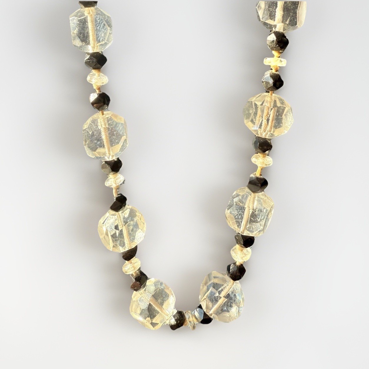 Vintage 38” Clear & Black Hand-Cut Glass Flapper Necklace Art Deco Style