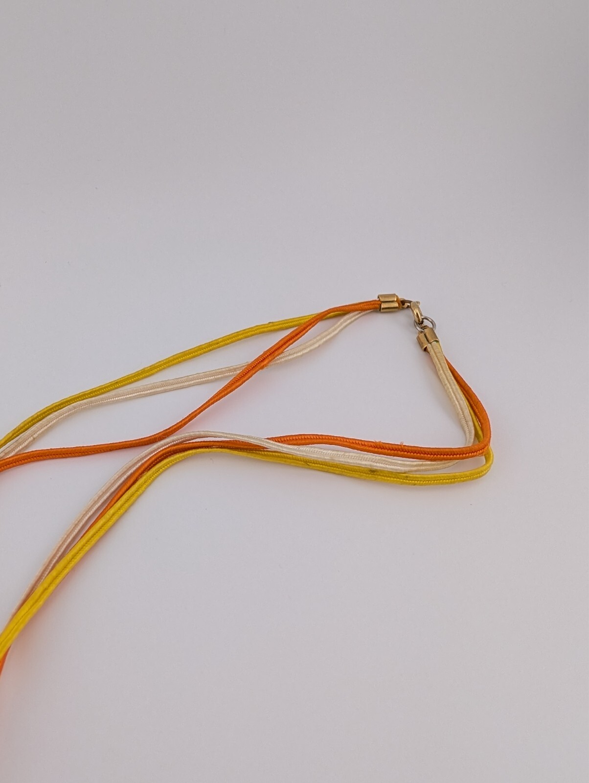 Vintage Gold Tone Fabric String Rectangle Cream Orange Enamel Pendant Necklace