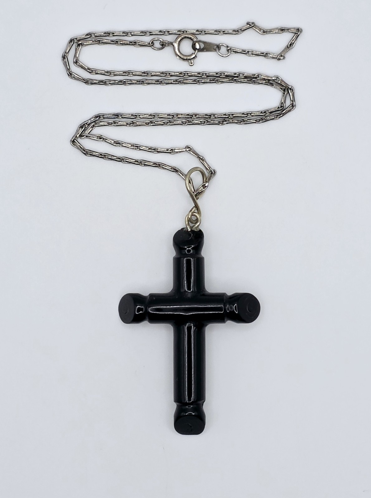 Vtg 70s Mexican Black Coral Cross Pendant Necklace Hand Carved Boho Artisan